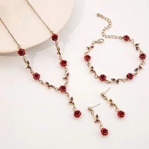 3pcs Set French Retro Romantic Rose Flower Jewelry Set Red/Gold